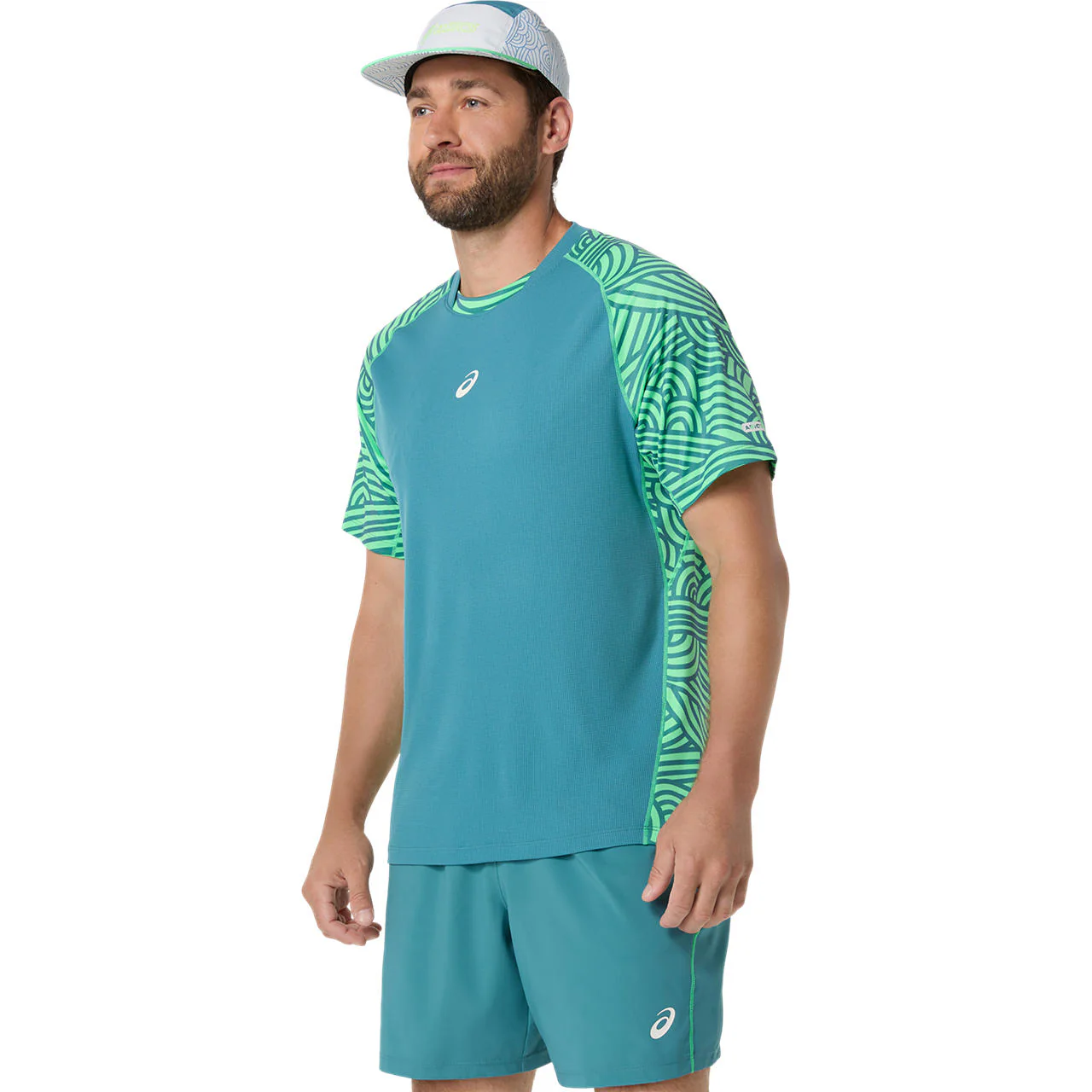 Asics T-Shirt Padel Court All Over Print SS Top Heren Blauw Groen - Image 3